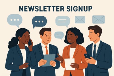 Newsletter signup illustration featuring diverse business professionals engaging in communication Newsletter signup illustration featuring diverse business professionals engaging in communication