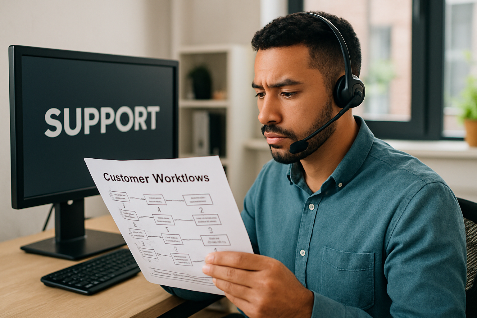 Support agent reviewing documented customer workflows
